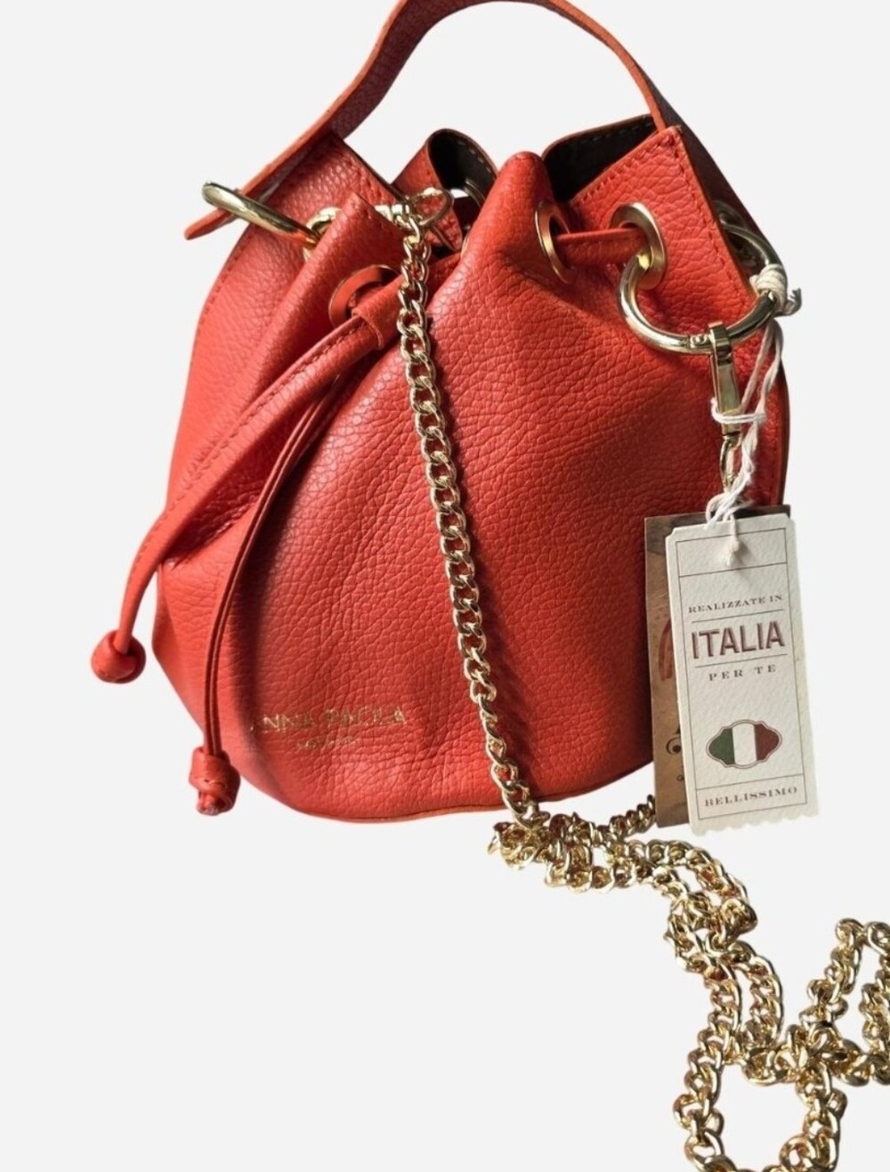 Italian Orange/Red Pebble-Leather Mini Bucket Bag with Gold Chain NWT